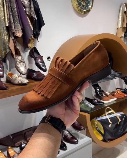 Burnt Smooth Tan Suede Fringes Moccasins