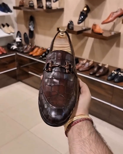 Hand-burnished Crocodile Scaled Moccasins - Brown