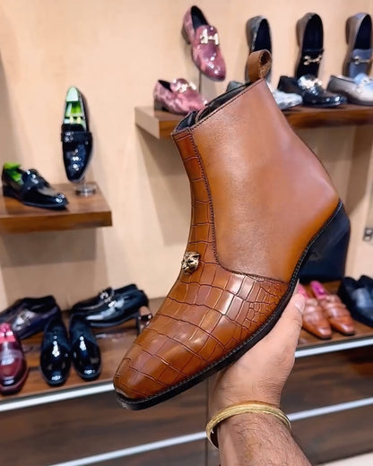 Sun Tan Patina Croco Zip Boots
