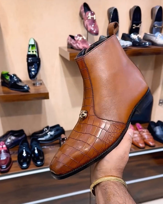 Sun Tan Patina Croco Zip Boots