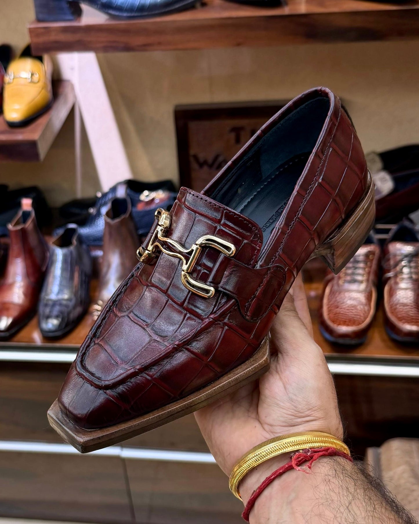 Burgundy Croco Horsebit Loafers with Italian Cut Leather Sole