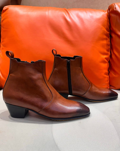 Tan Patina Cuban Heel Zip Boots
