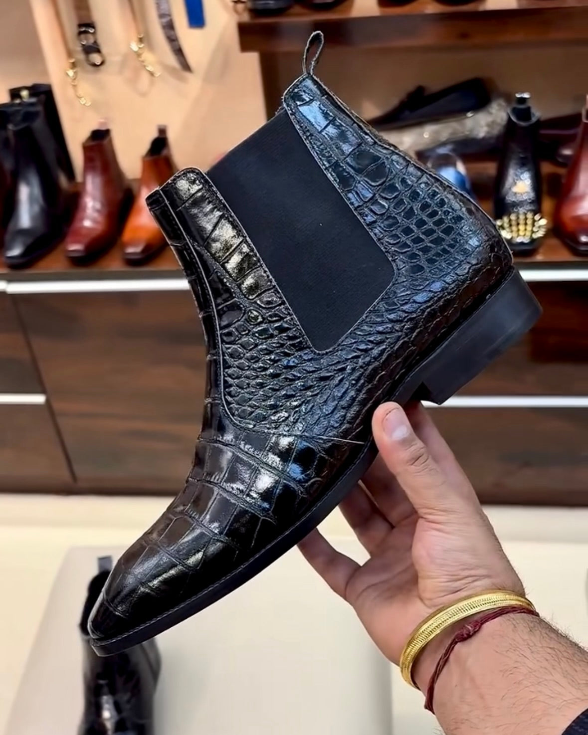 Jet Black Italian Crocodile Scaled Leather Boots with Side Zip