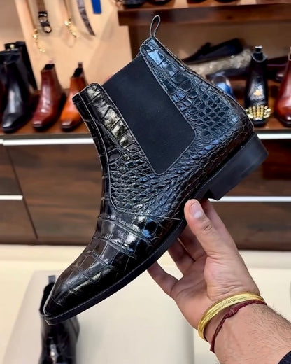 Jet Black Italian Crocodile Scaled Leather Boots with Side Zip