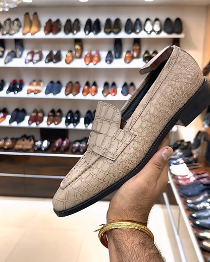 Beige Crocodile Scaled U-Tip Shape Penny Loafers