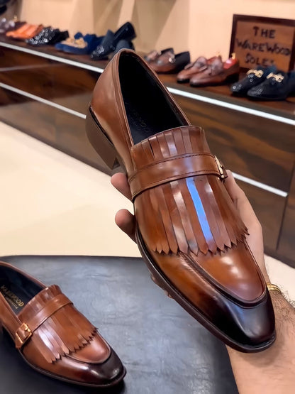 Tan Fringe Moccasins on Italian Crust Leather