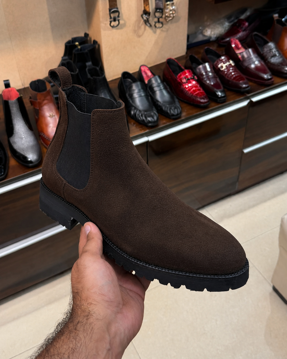 Chunky Dark Brown Suede Lug Sole Chelsea Boots