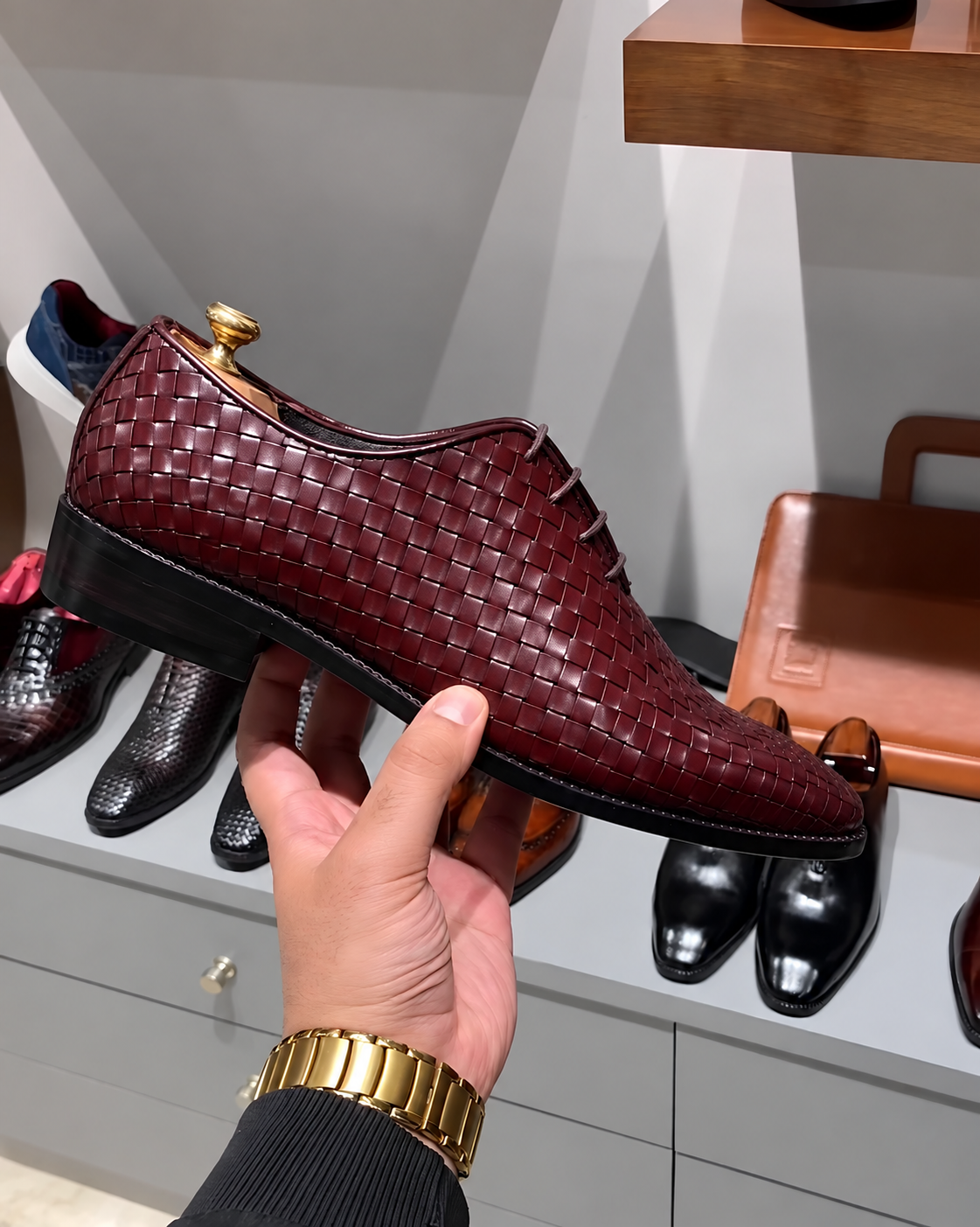 Burgundy Hand-Woven Leather Wholecut Oxfords