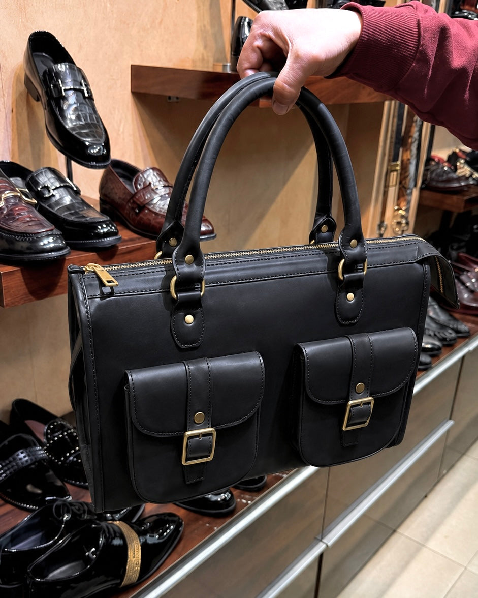 Black Calfskin Leather Business Laptop Bag