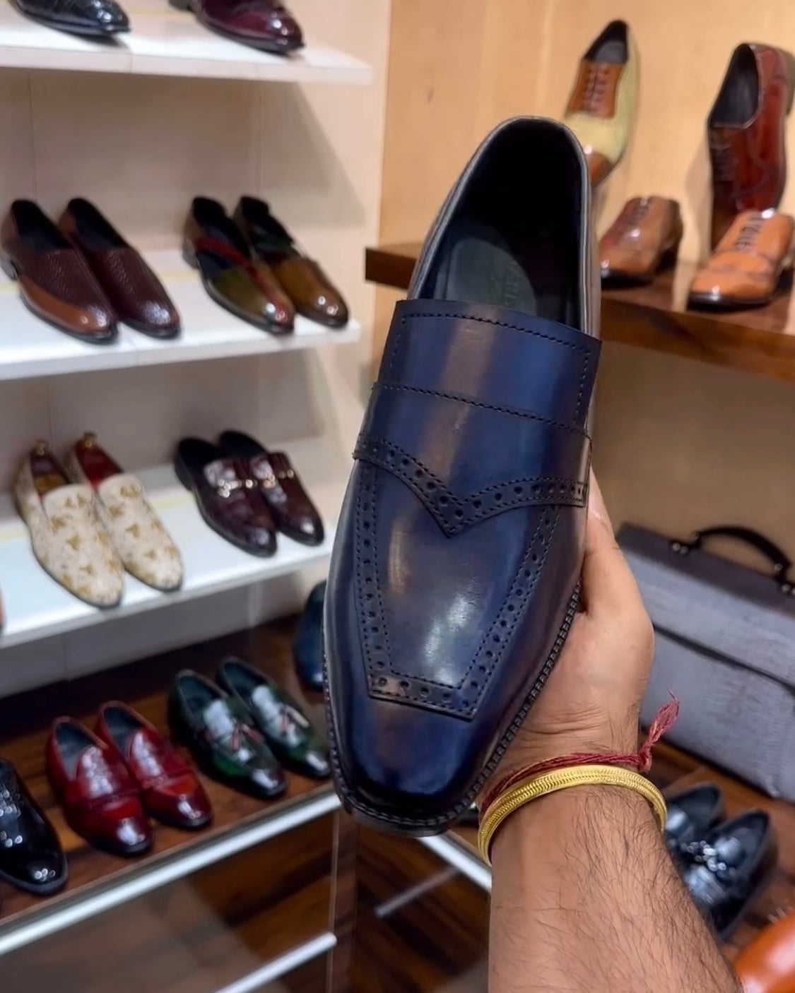 Dark Blue Patina Italian Crust Leather Moccasins