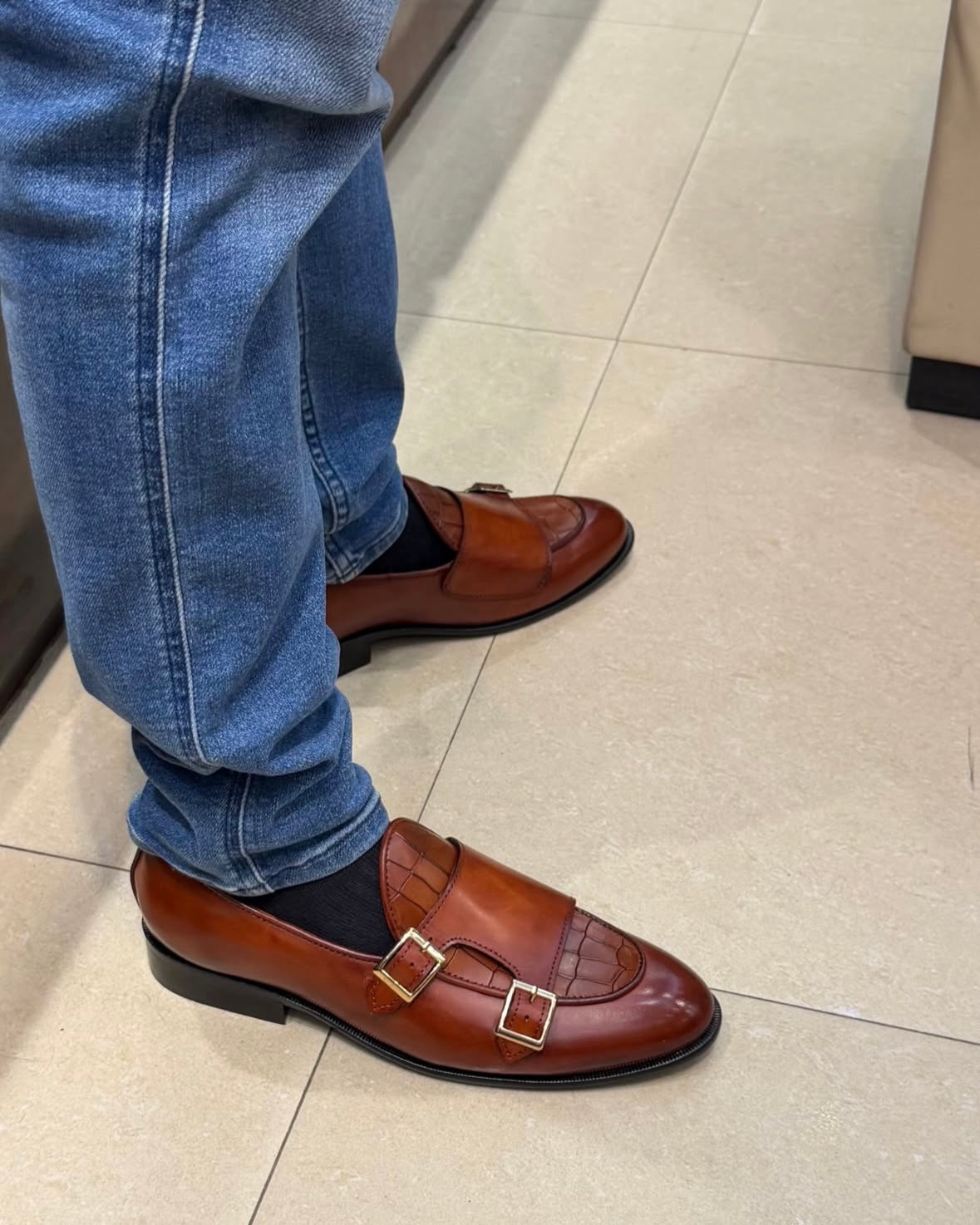 Tan Croco Patina Double Monk Loafers