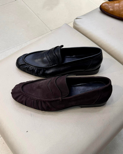 Brown Suede Hand-sewn Apron Penny Loafers