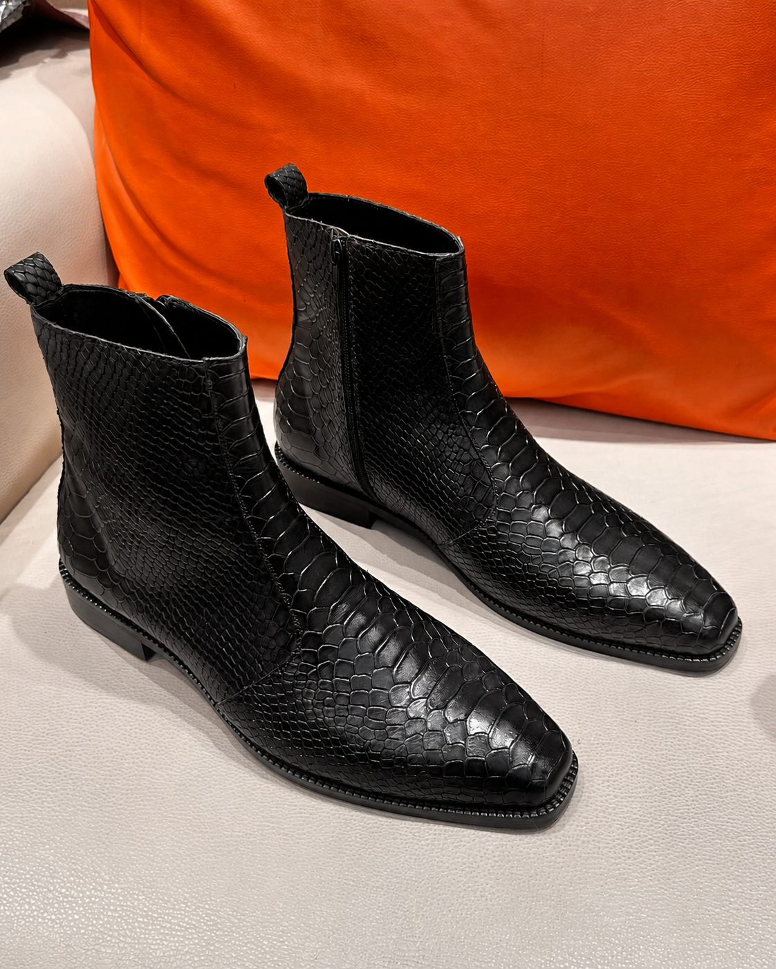 High-top Black Cobra Scaled Boots With Zip