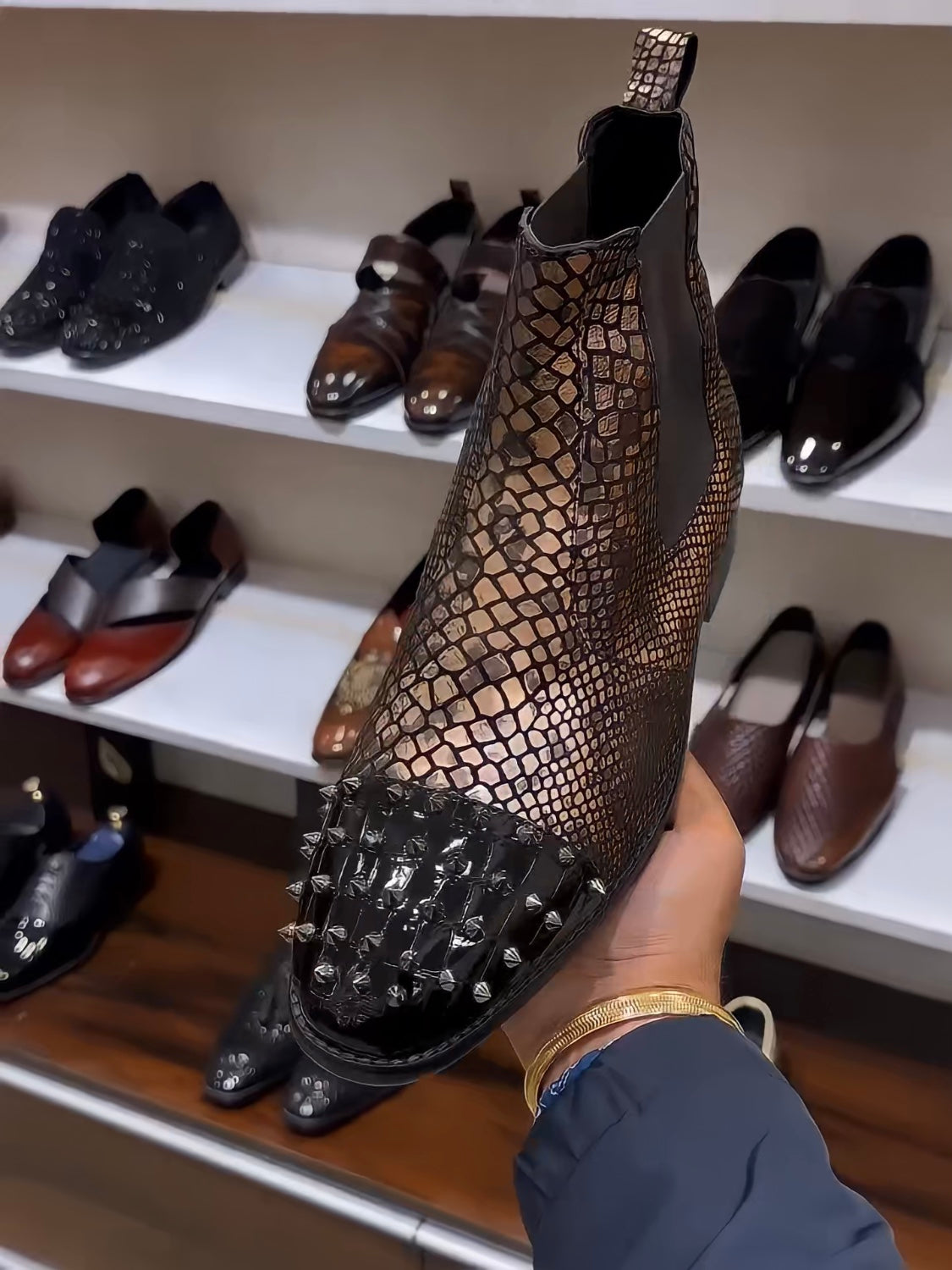 Exotic Gold Snake Scaled Studded Toe Chelsea Boots