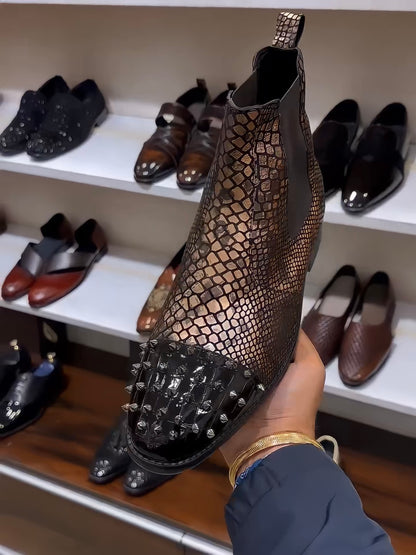 Exotic Gold Snake Scaled Studded Toe Chelsea Boots