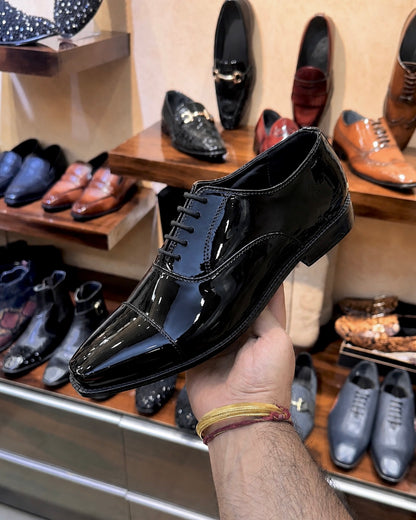 All Black Patent Leather Cap Toe Oxfords
