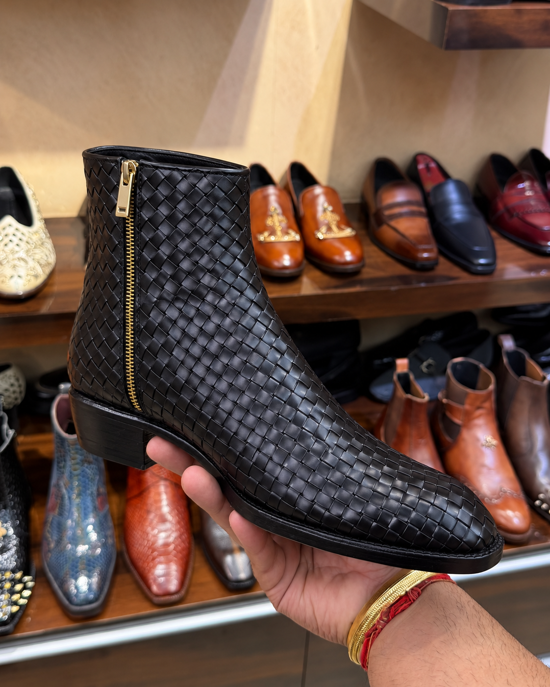 Black Hand-woven Leather Zip Boots With Cuban Heel