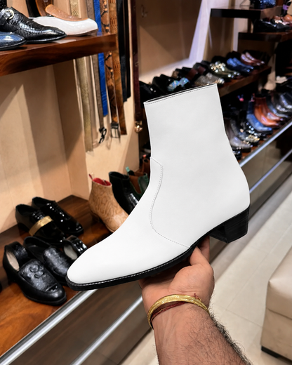 White Cuban Heel Boots With Zip
