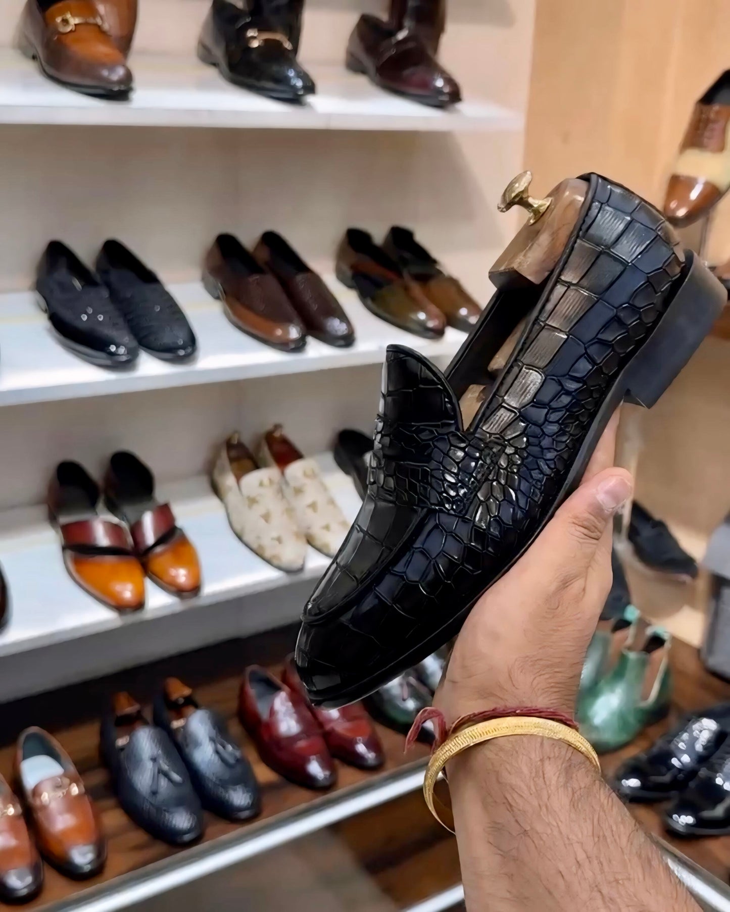 Classic Black Crocodile Scaled Penny Loafers