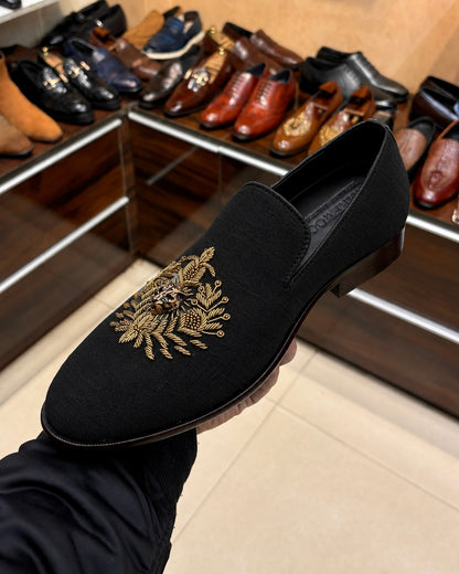 Black Raw Silk Hand-embroidered Loafers
