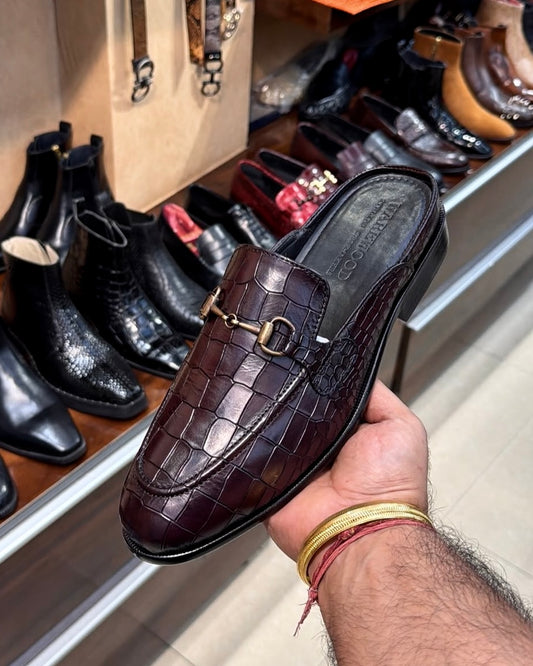 Classic Burnished Brown Crocodile Mules