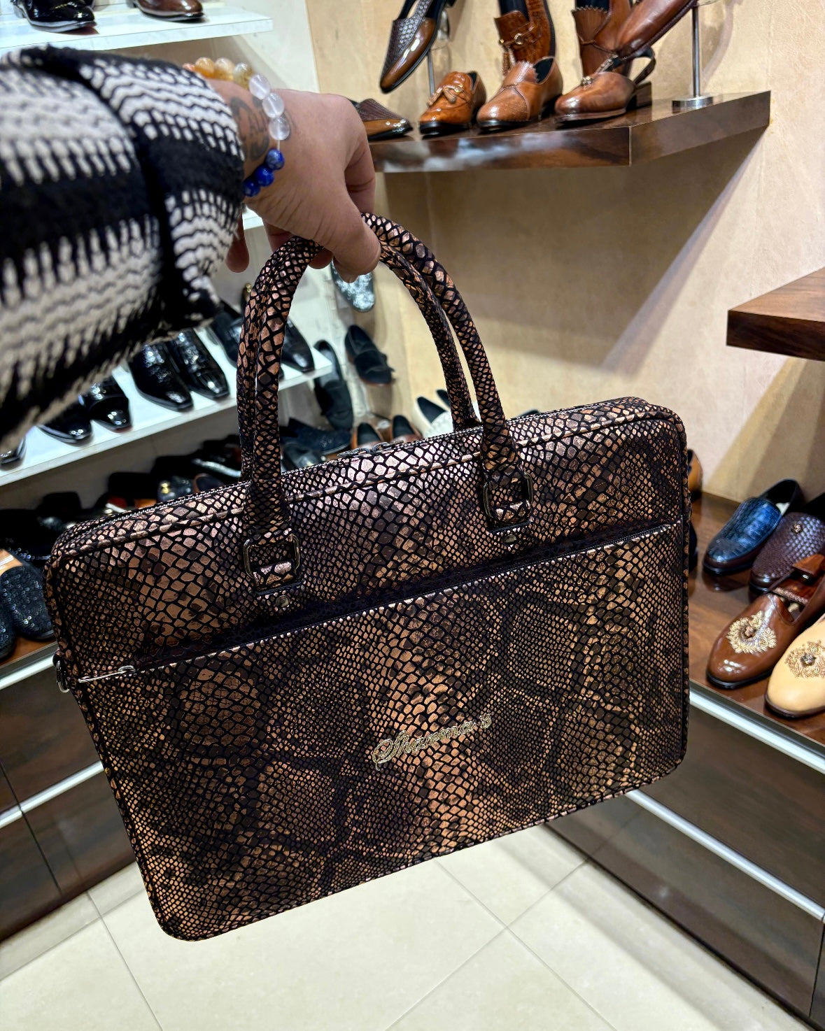 Exotic Golden Brown Snake Foil Leather Laptop Bag