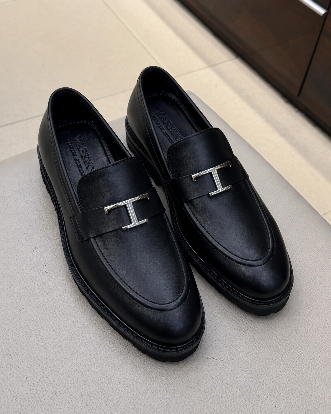 Black Chunky Loafers With T Buckle