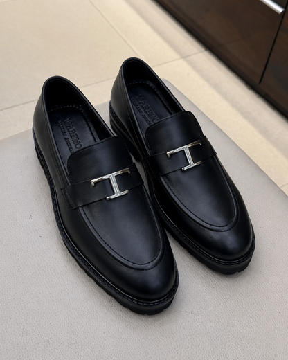 Black Chunky Loafers With T Buckle