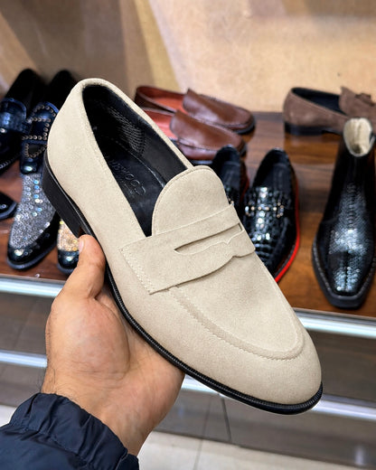 Beige suede penny loafers