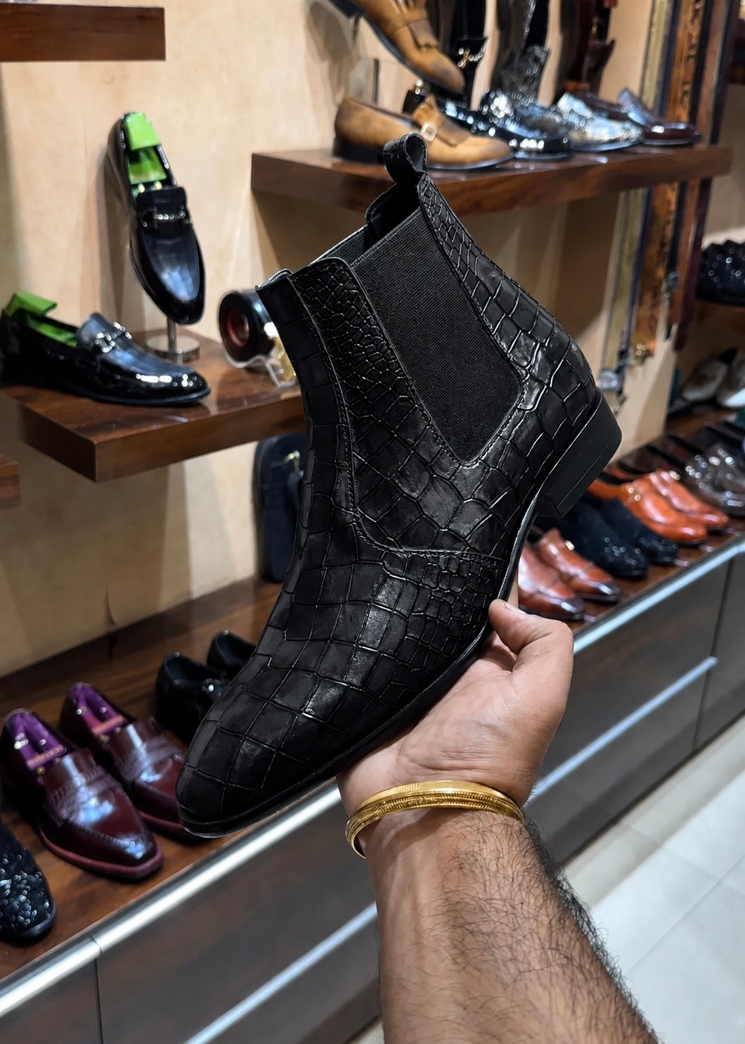 Black crocodile chelsea boots