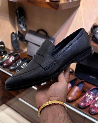 Black full grain leather penny loafers