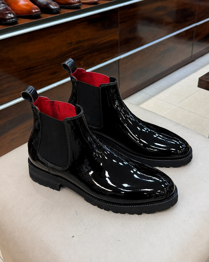 Black patent chunky chelsea boots