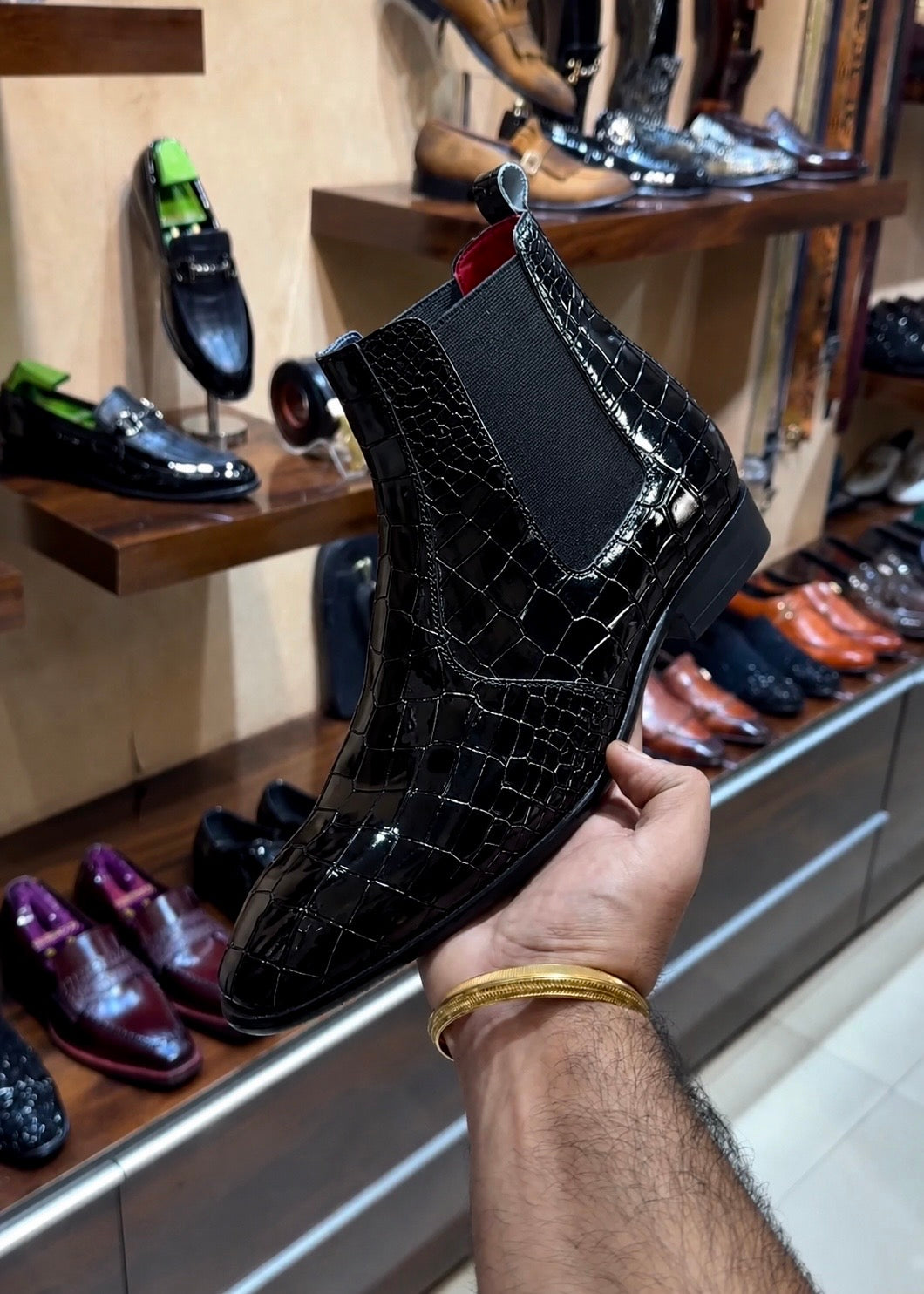 Black patent croc chelsea boots