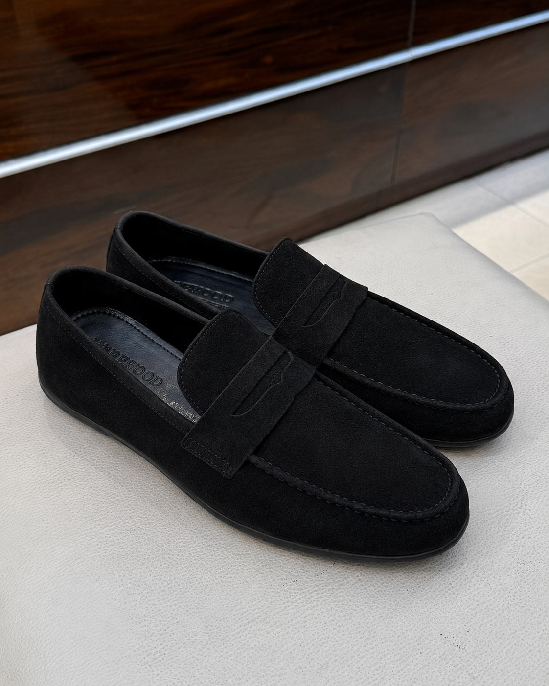 Black suede driving loafers