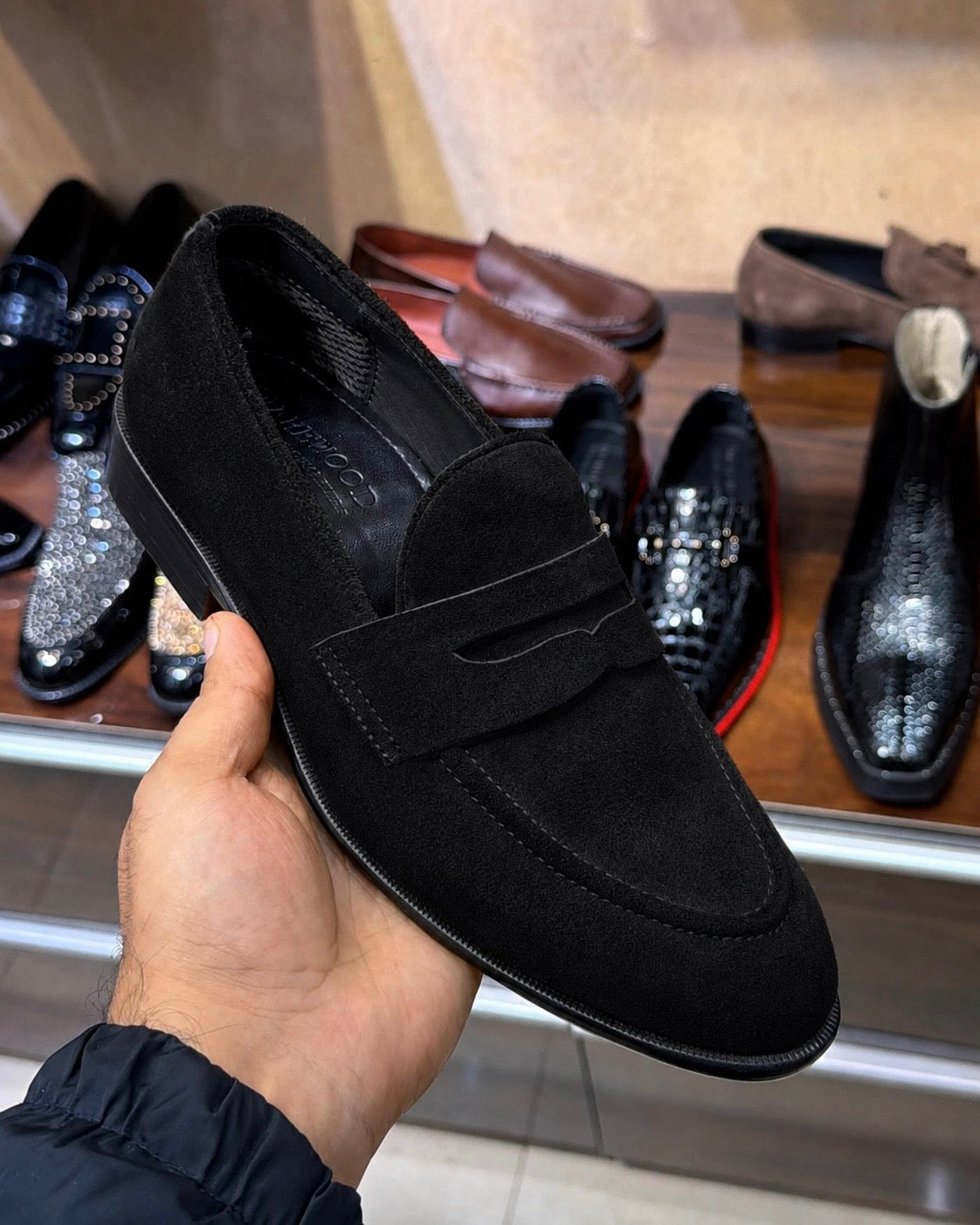 Black suede penny loafers for men