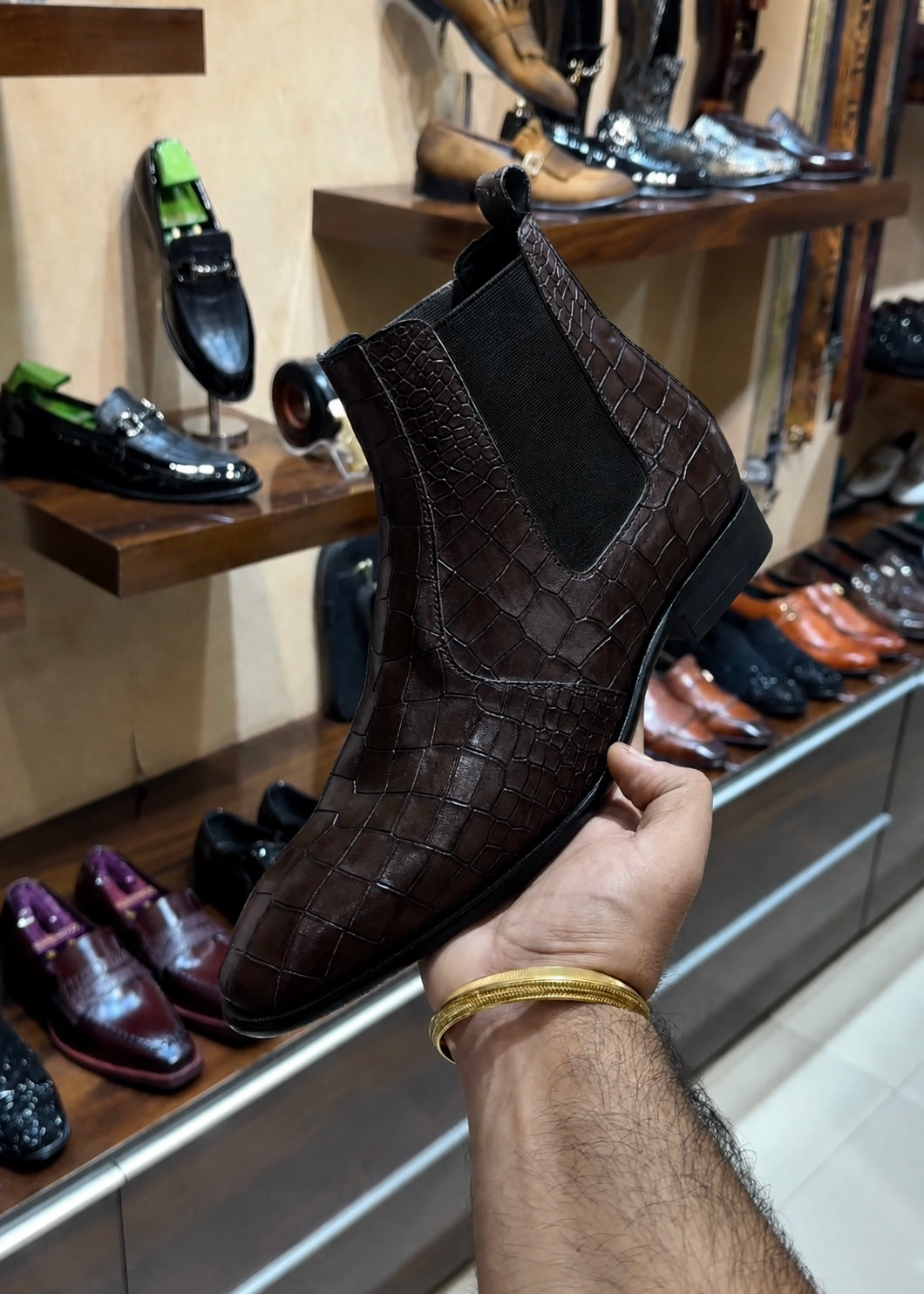 Brown crocodile chelsea boots