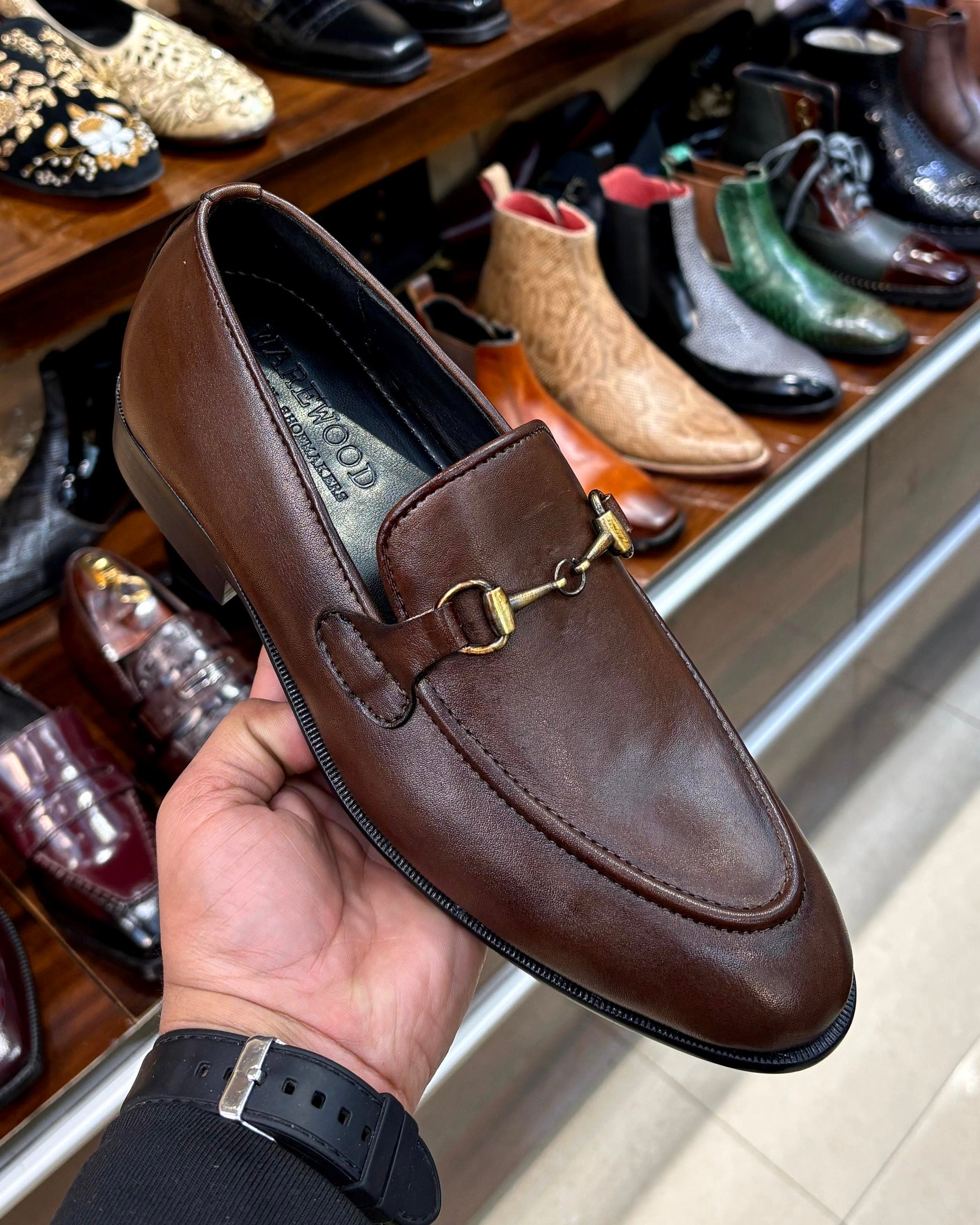 Brown horsebit loafers for men