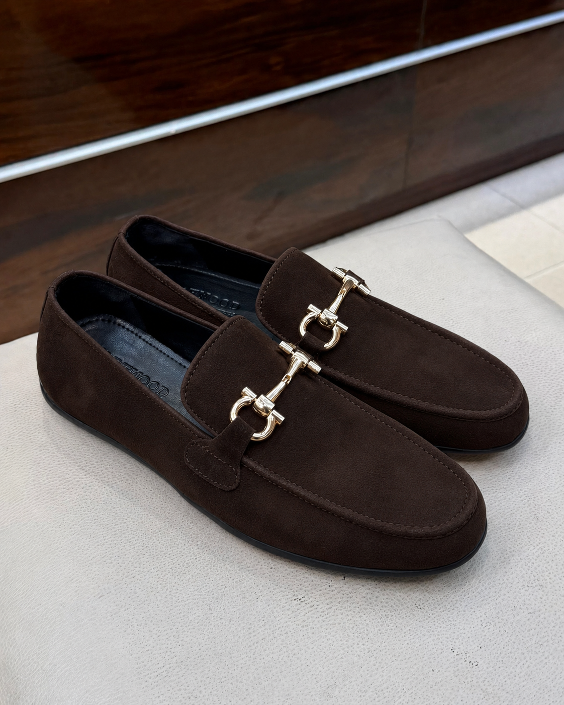 Brown suede driving loafers