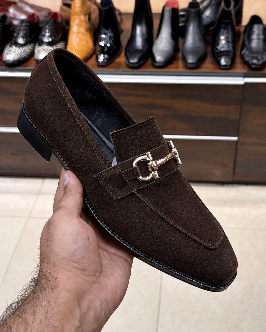 Brown suede Horsebit loafers