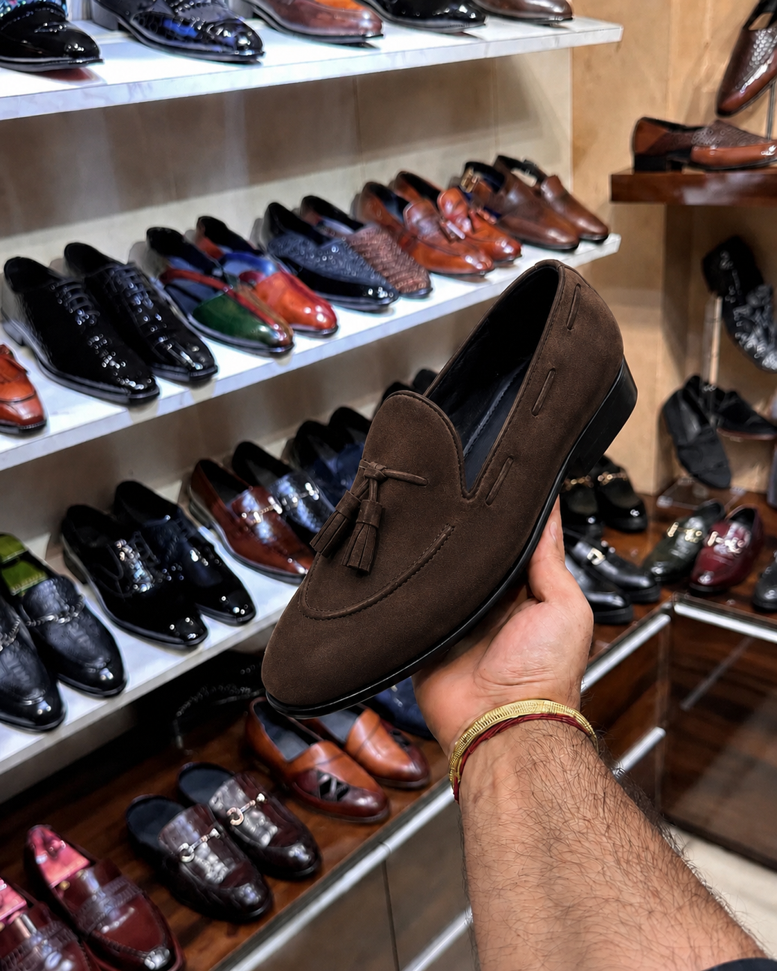 Brown suede loafers with tassels