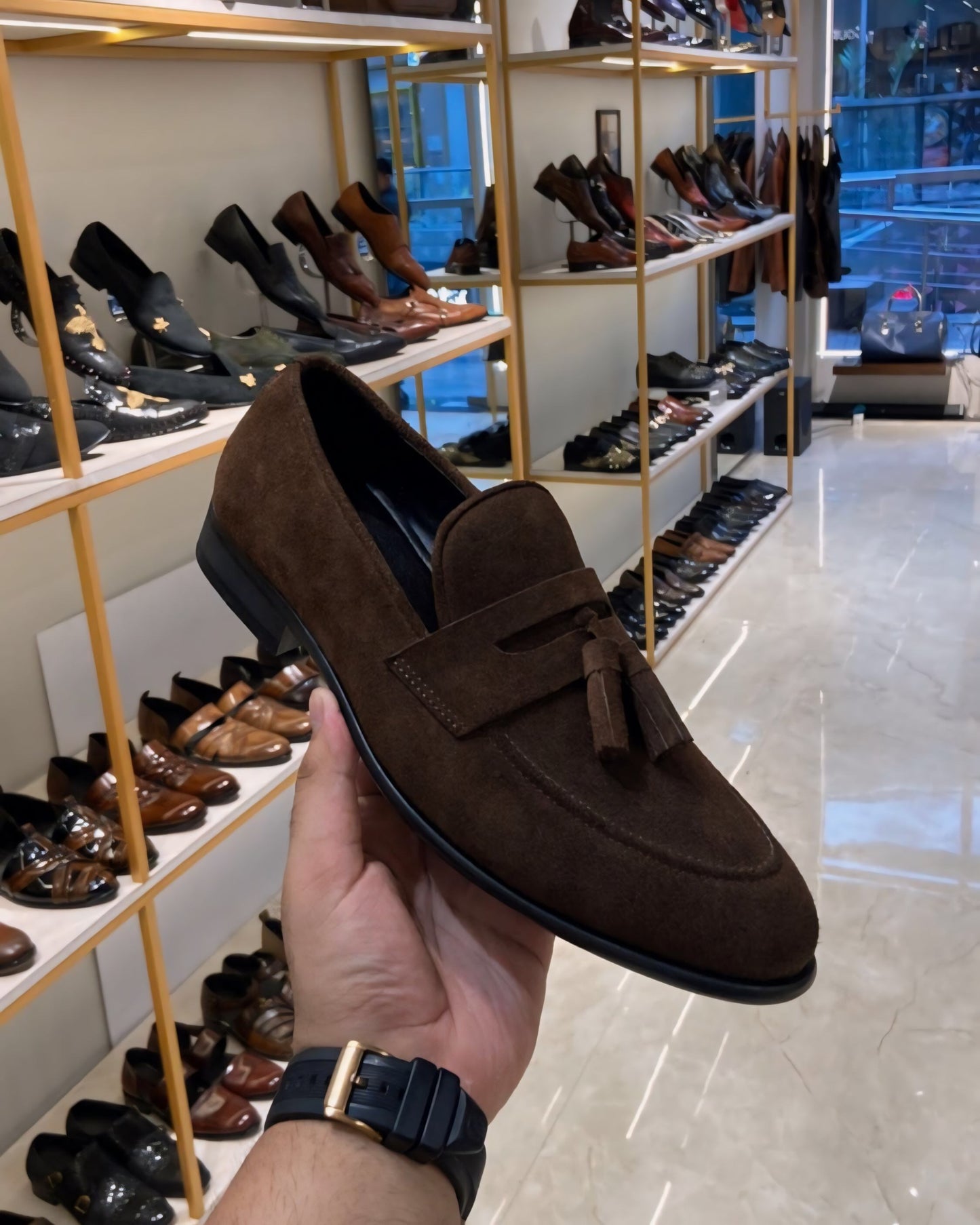 Brown suede tassel penny loafers