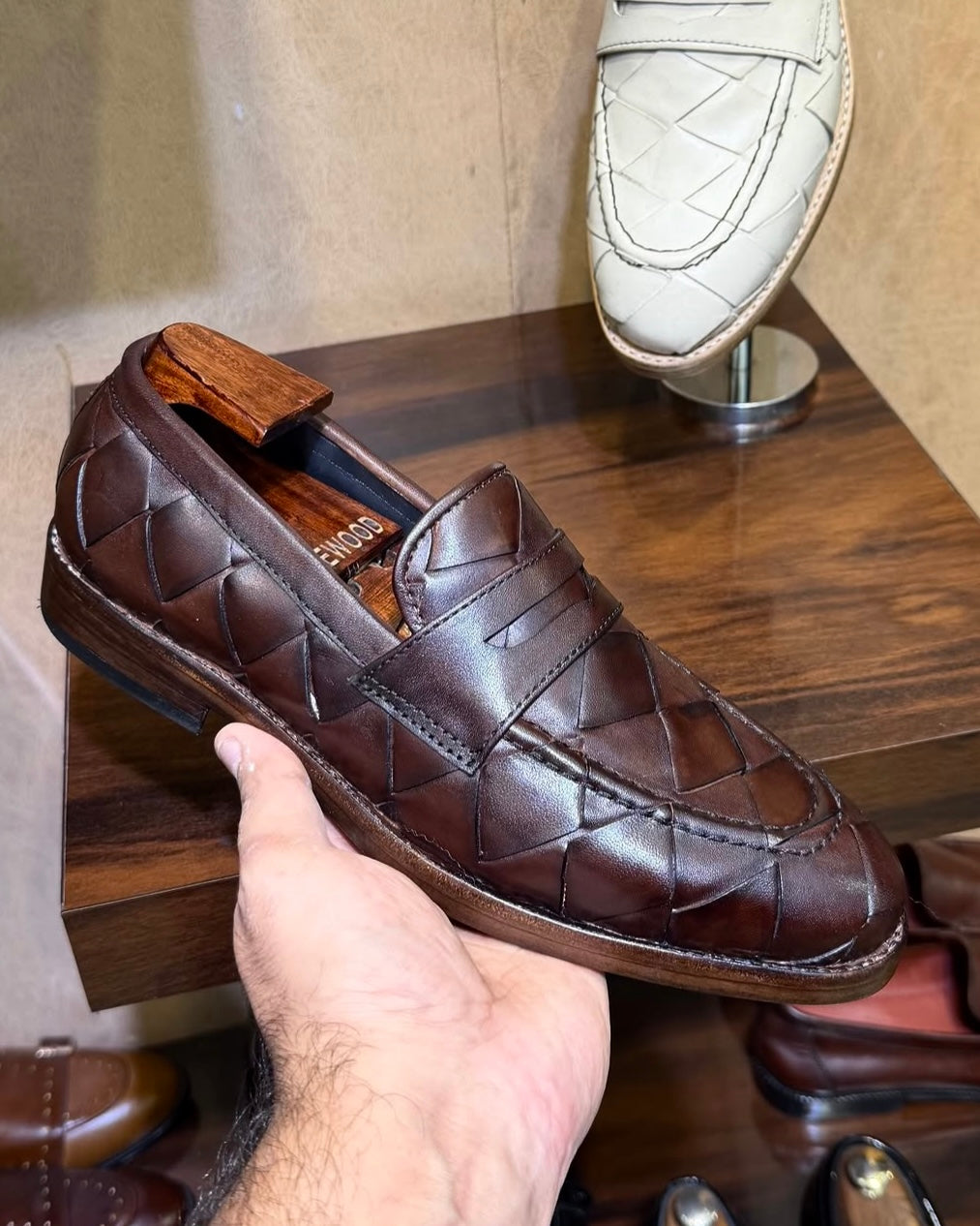 brown woven penny loafers