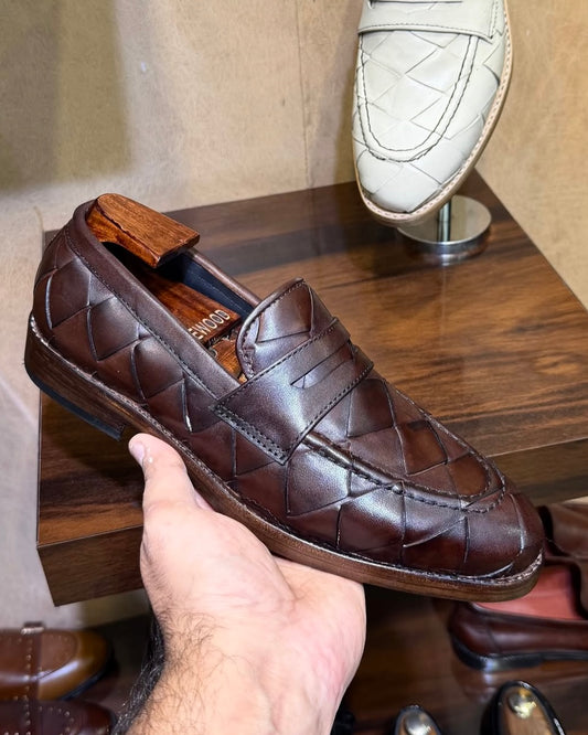 brown woven penny loafers