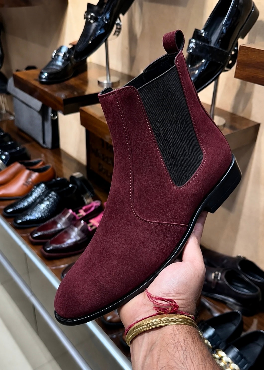 Burgundy suede chelsea boots