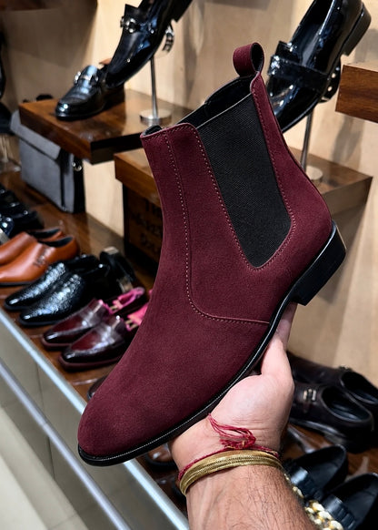 Burgundy suede chelsea boots