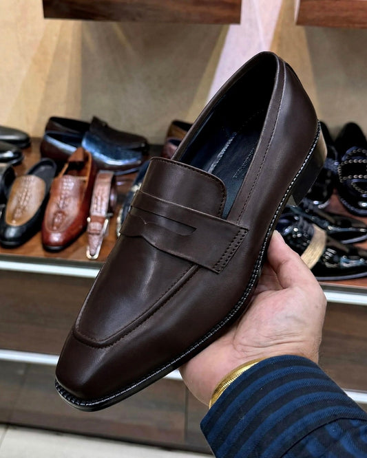 Dark brown penny loafers for men