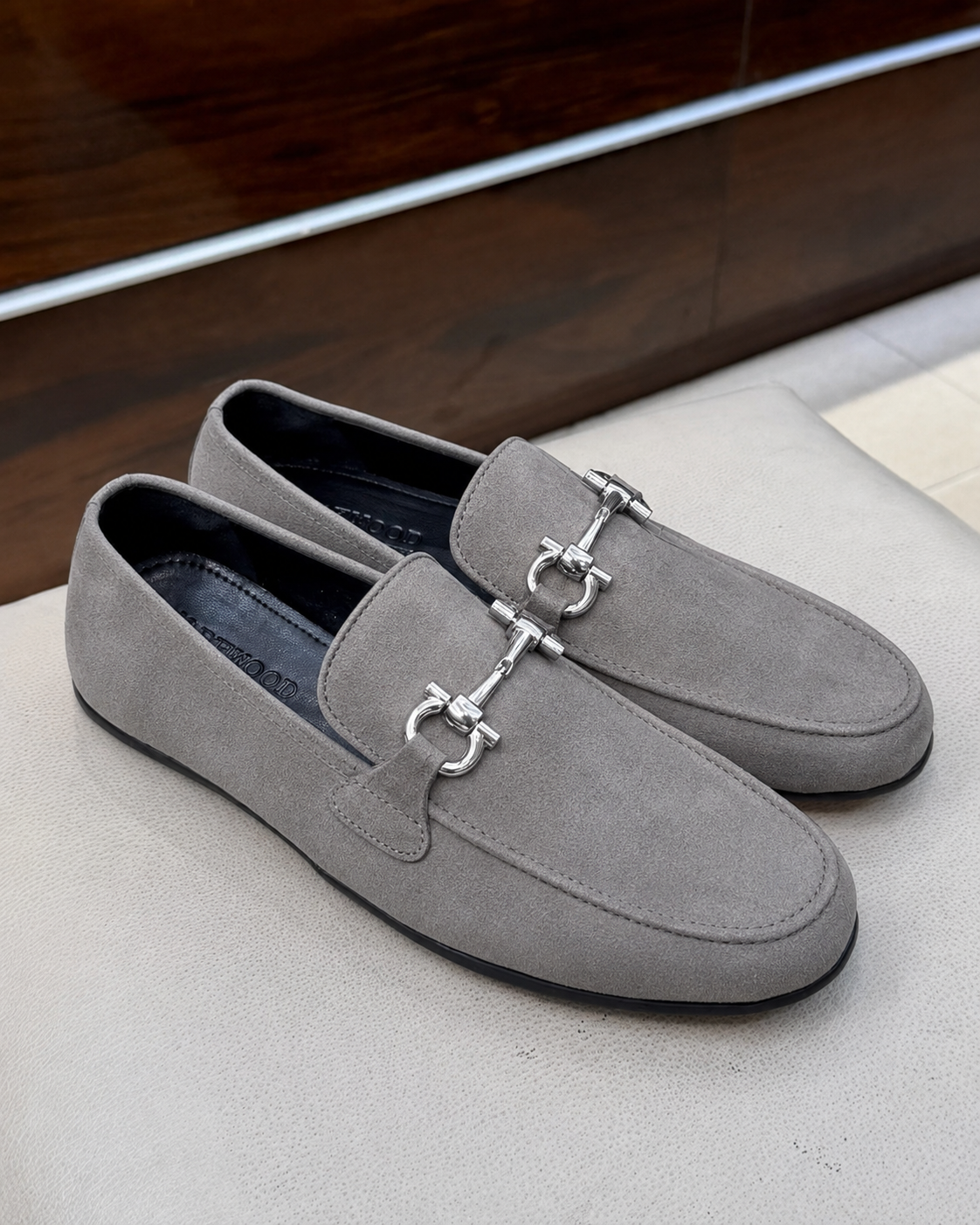 Grey suede driving loafers