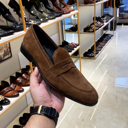 Light brown suede penny loafers