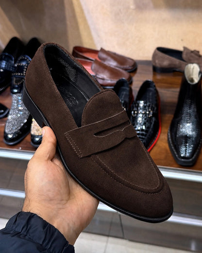 Brown suede penny loafers for men