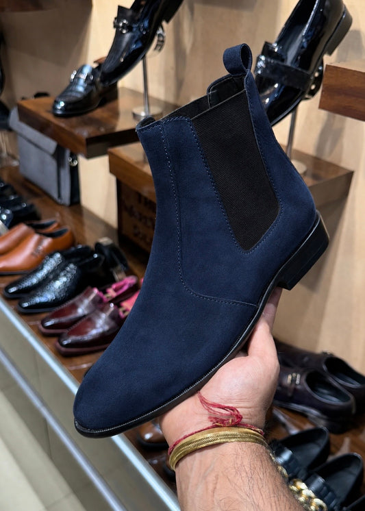 Navy blue suede chelsea boots